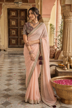 Premium Rangoli Silk Embroidery Work Saree With Unstitched Blouse(Peach)