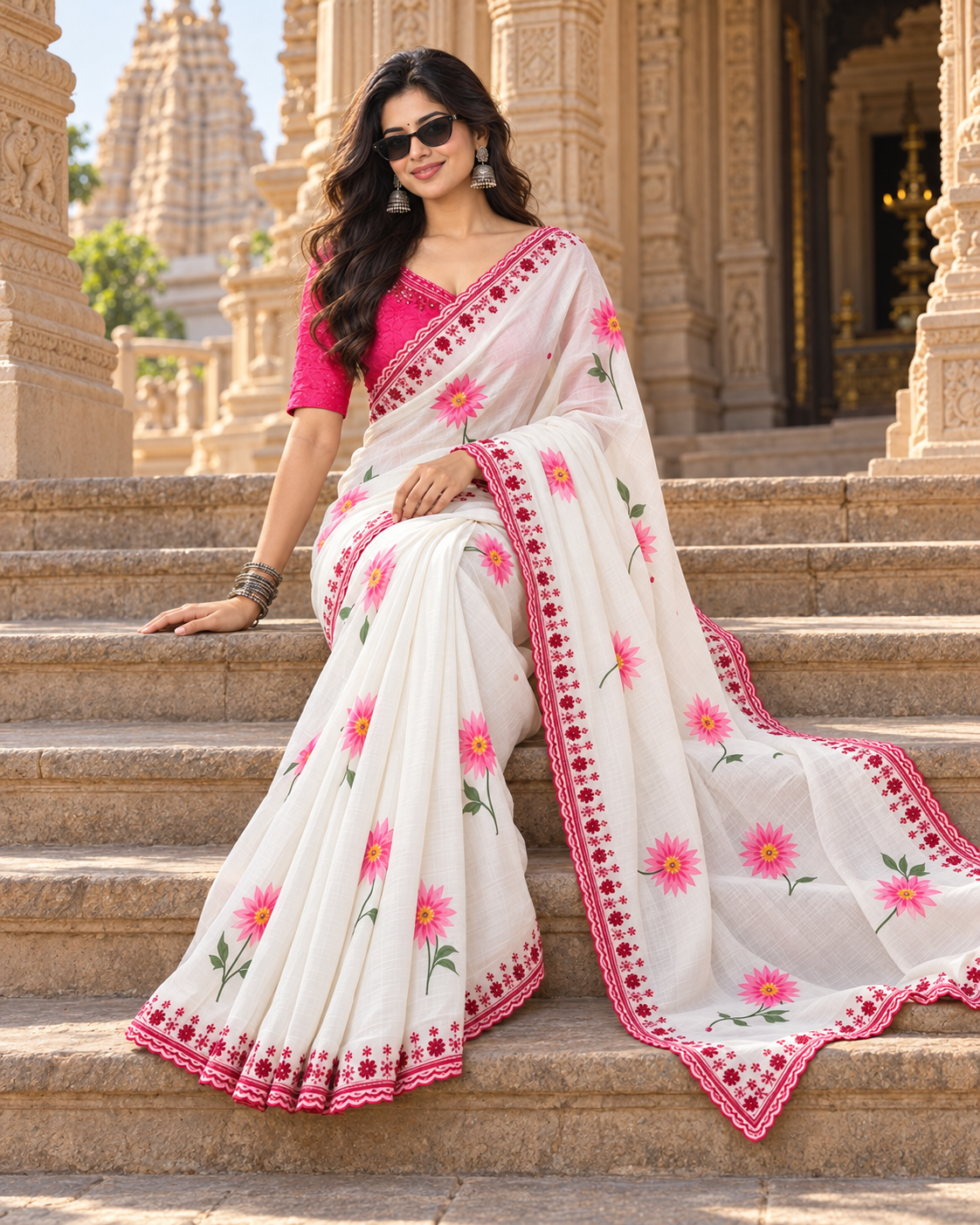Pure Tabby Silk Embroidery Sequin Work Saree With Unstitched Blouse(White)
