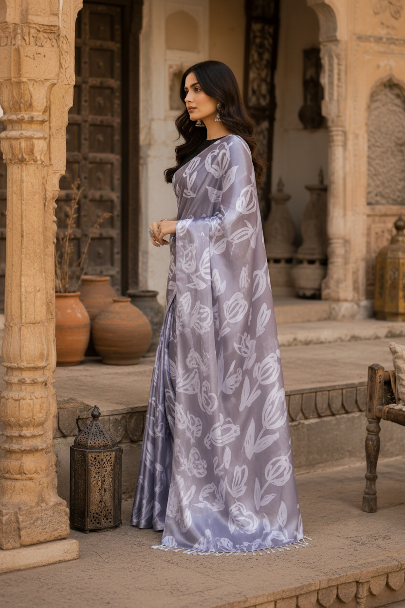 Satin Silk Printed Saree With Unstitched Blouse(Grey)