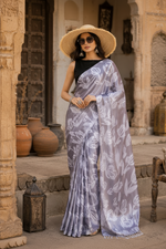 Load image into Gallery viewer, Satin Silk Printed Saree With Unstitched Blouse(Grey)
