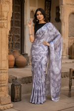 Load image into Gallery viewer, Satin Silk Printed Saree With Unstitched Blouse(Grey)

