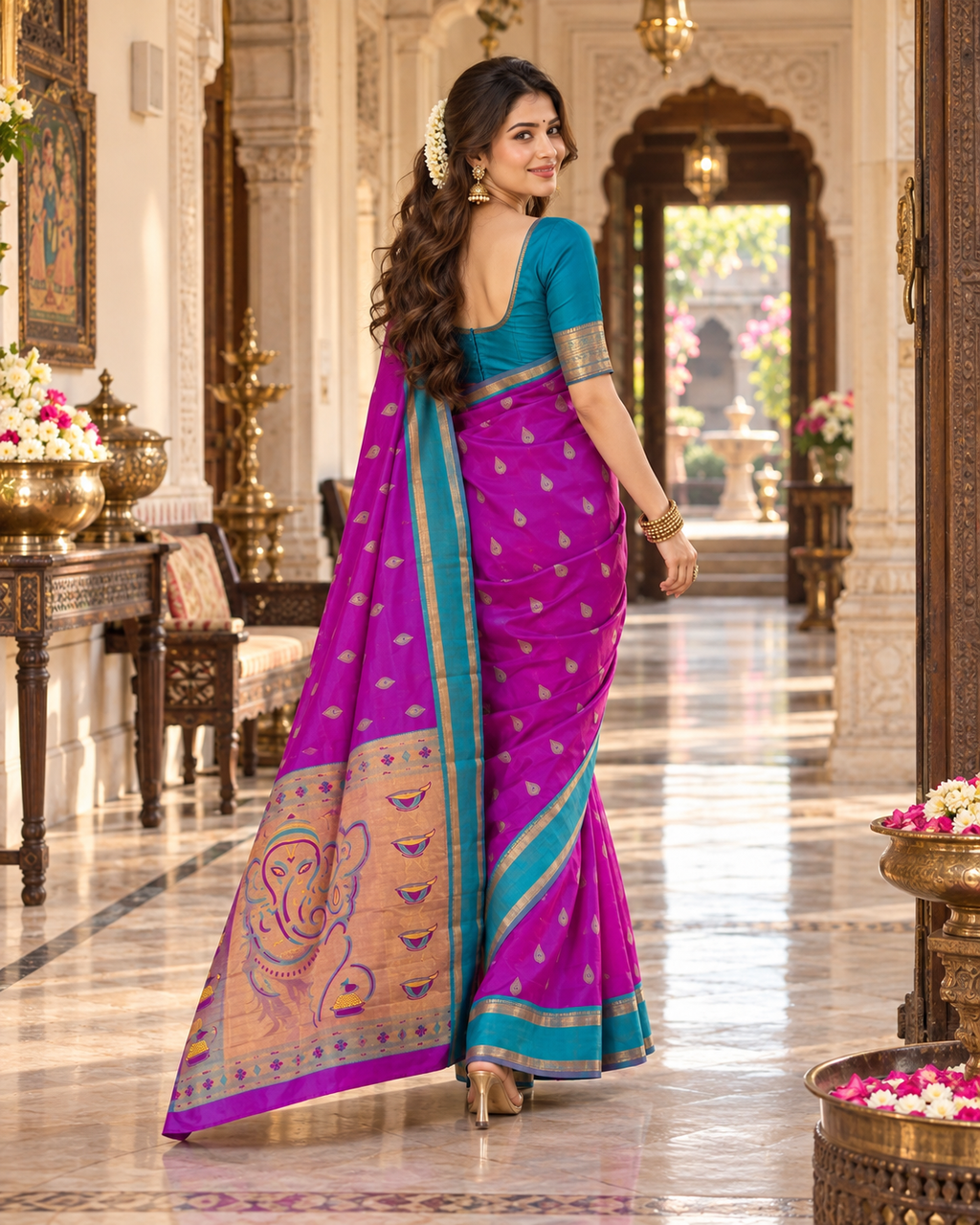 Krittika Premium Paithani Katan Silk Butti Saree With Zari Border Unstitched Blouse (Purple)