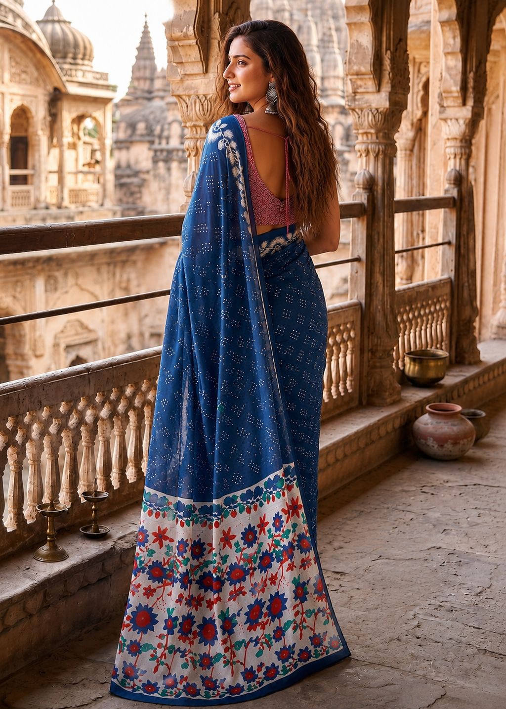 Pure Cotton Bagru Block Printed Saree With Unstitched Blouse(Blue)