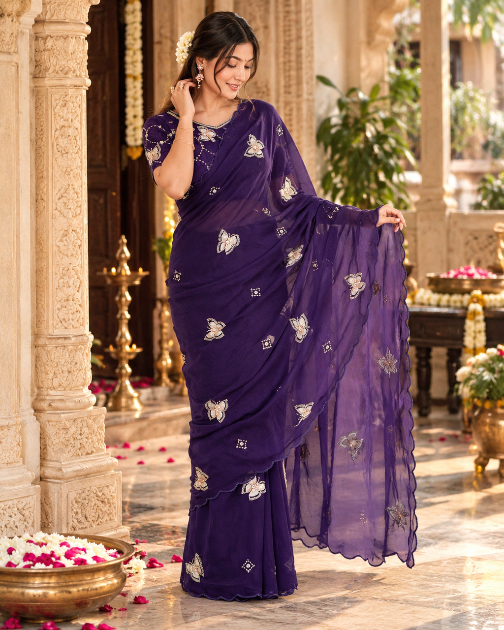 Satin Silk Embroidery Work Saree With Unstitched Blouse(Violet)
