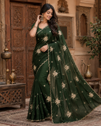 Premium Satin Silk Embroidery Work Saree With Unstitched Blouse(Green)