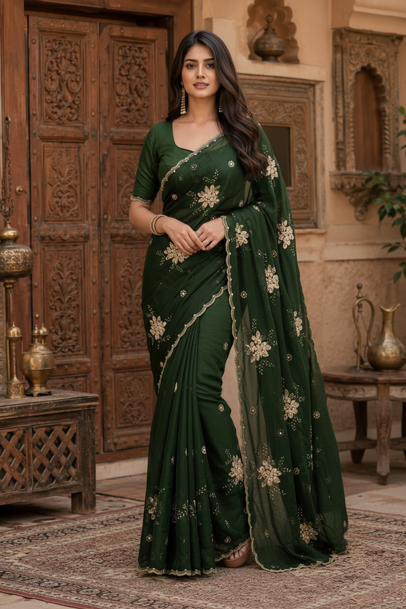 Premium Satin Silk Embroidery Work Saree With Unstitched Blouse(Green)