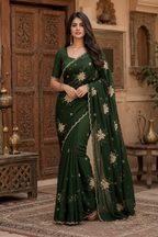 Premium Satin Silk Embroidery Work Saree With Unstitched Blouse(Green)