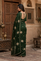 Premium Satin Silk Embroidery Work Saree With Unstitched Blouse(Green)