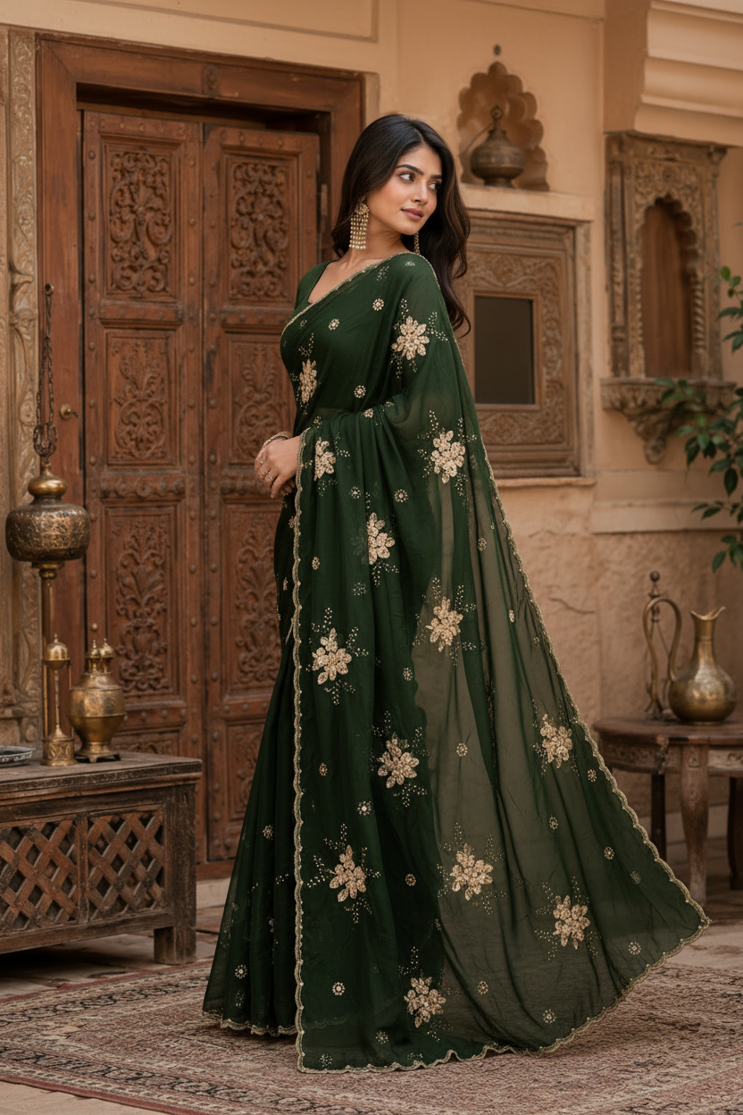 Premium Satin Silk Embroidery Work Saree With Unstitched Blouse(Green)