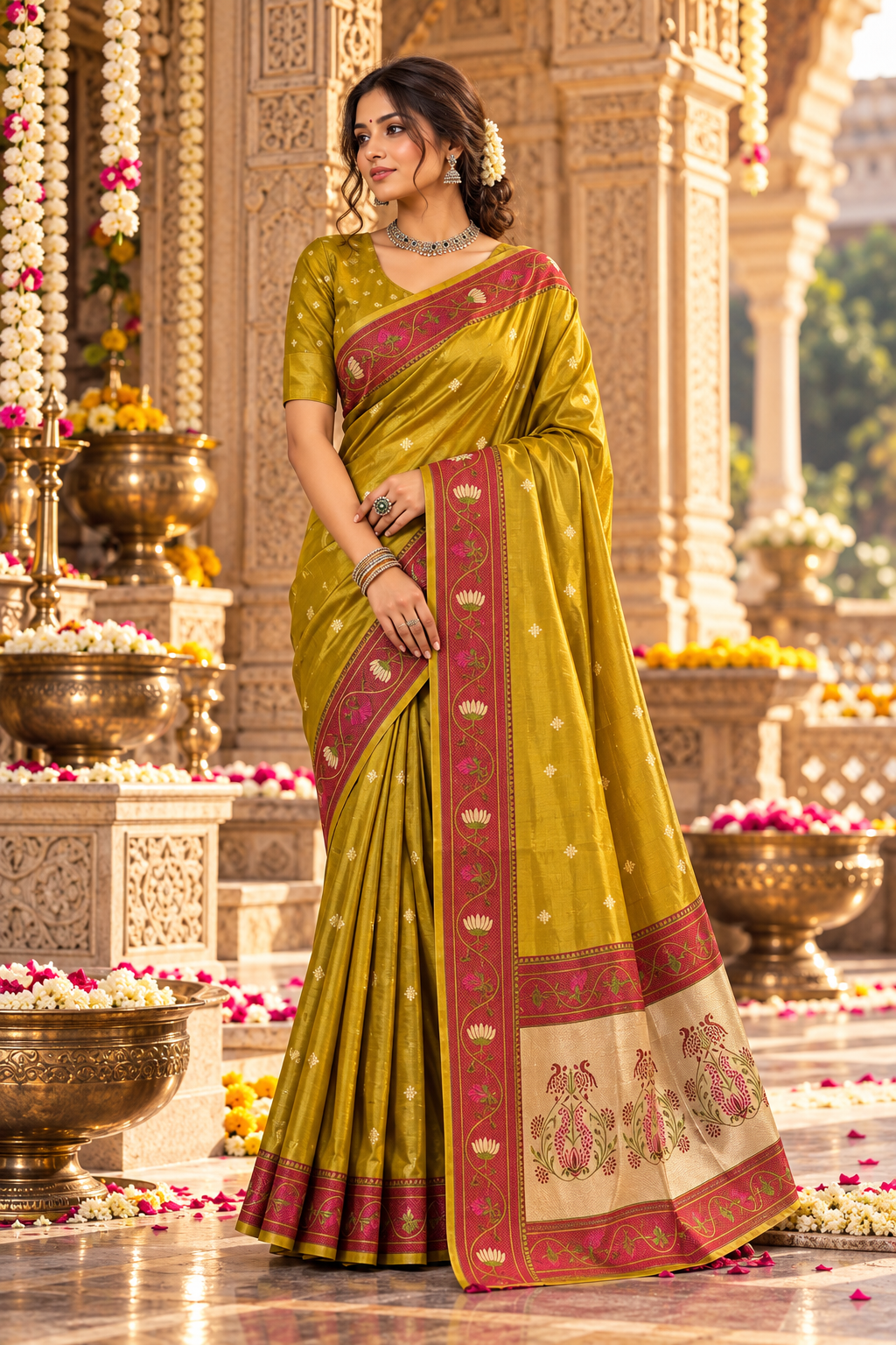 Premium Tissue Silk Saree With Unstitched Blouse(Mehendi)
