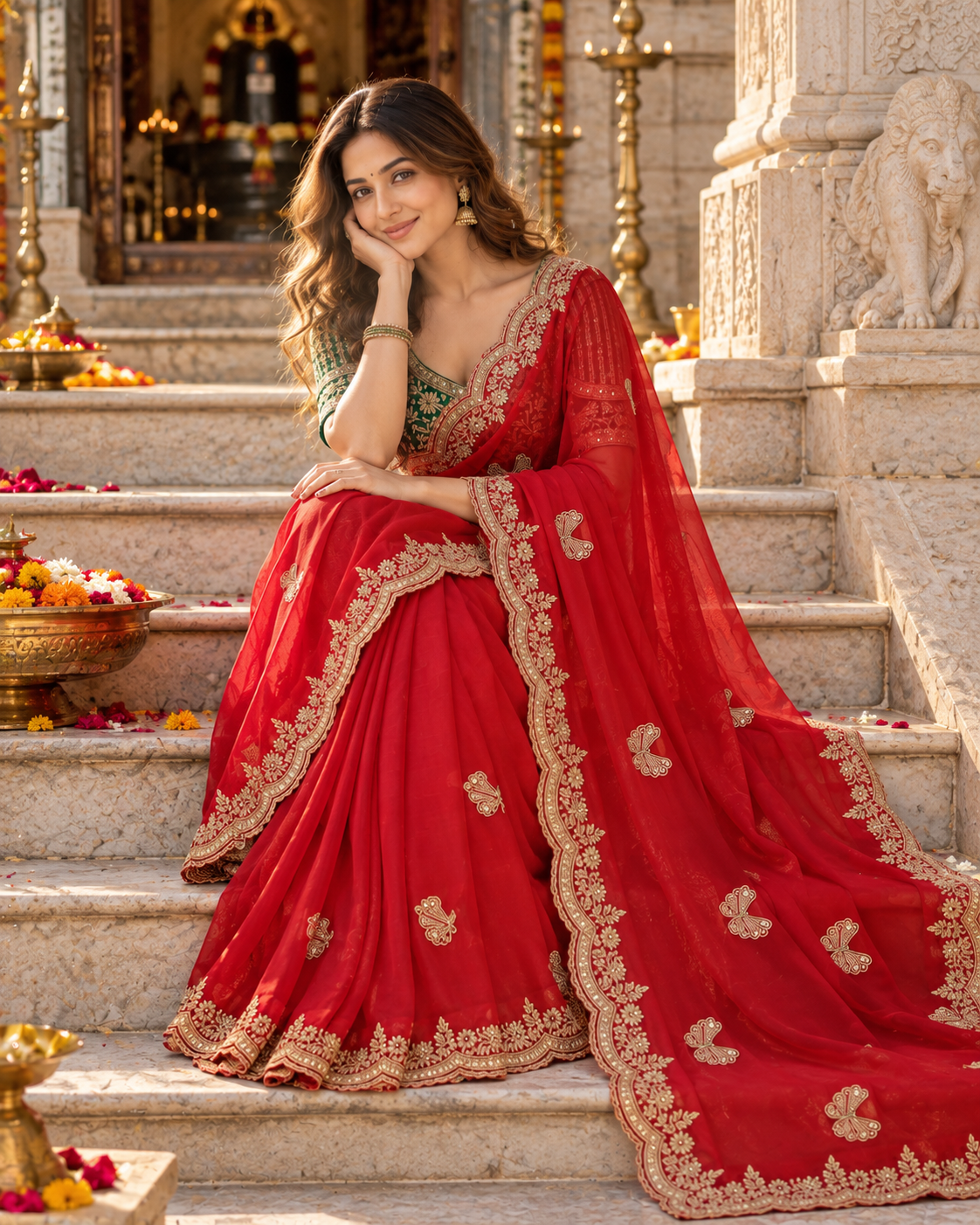 Premium Satin Silk Sequins Zari Work Saree With Blouse(Red)