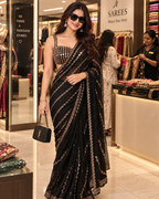 Pure Georgette Original Mirror Embroidery Work Saree With Unstitched Blouse(Black)