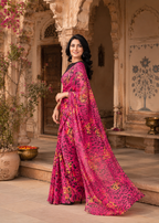 Satin Silk Floral Printed Saree With Unstitched Blouse(Pink)
