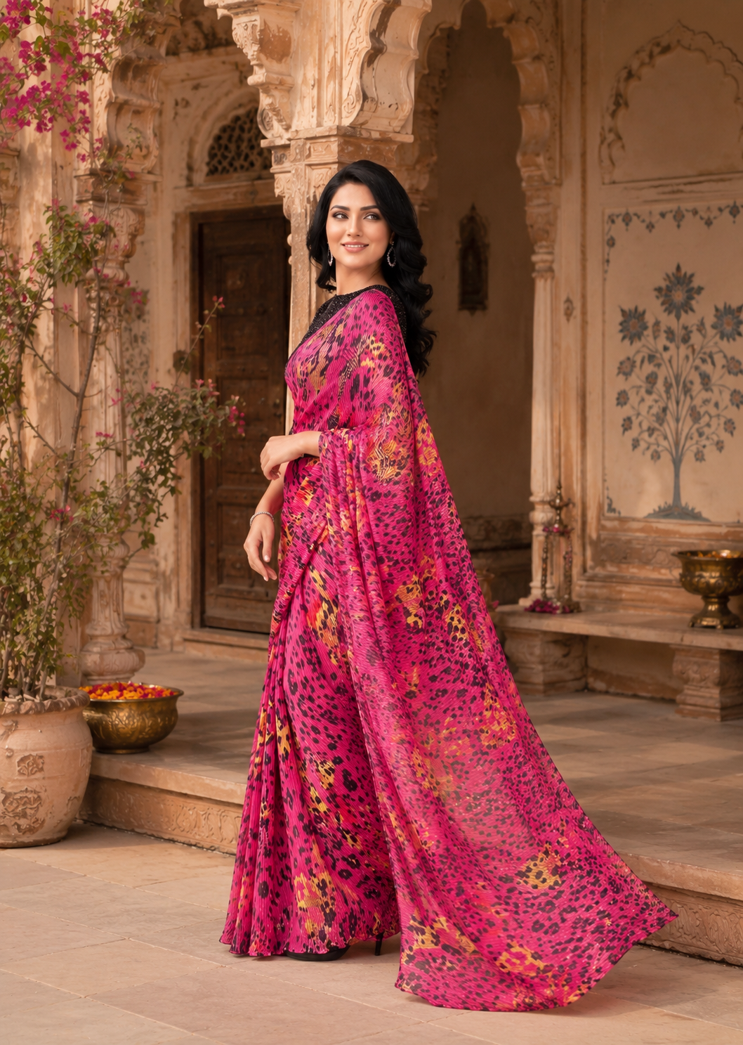 Satin Silk Floral Printed Saree With Unstitched Blouse(Pink)