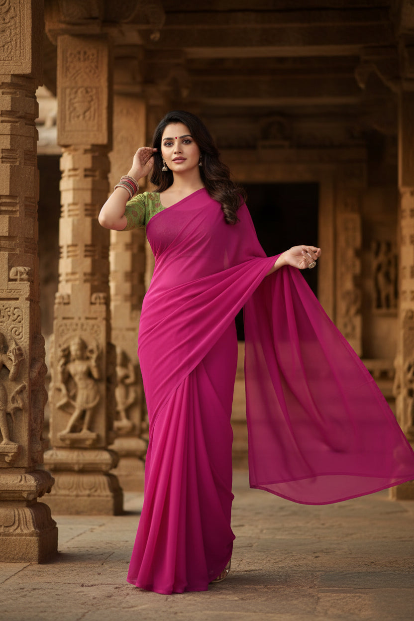 Women's Georgette Plain Saree With Blouse (Wine, 5-6 Mtrs) Kashvii