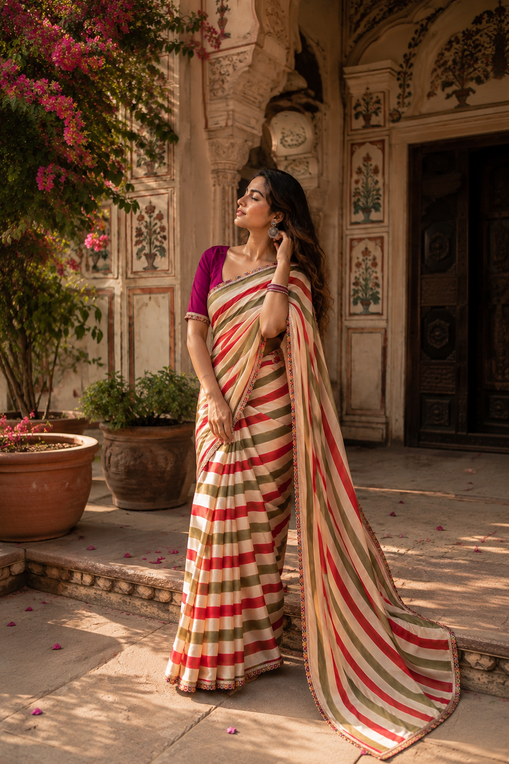 Soft Chinon Lehriye  Silk Saree With Unstitched Blouse(Green)