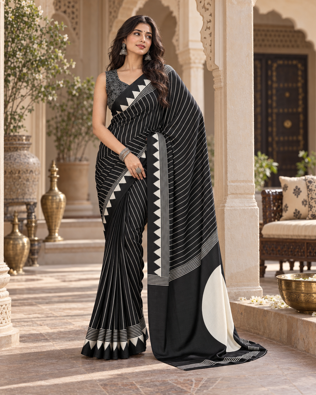 Satin Silk Ajrakh Printed Saree With Unstitched Blouse(Black)