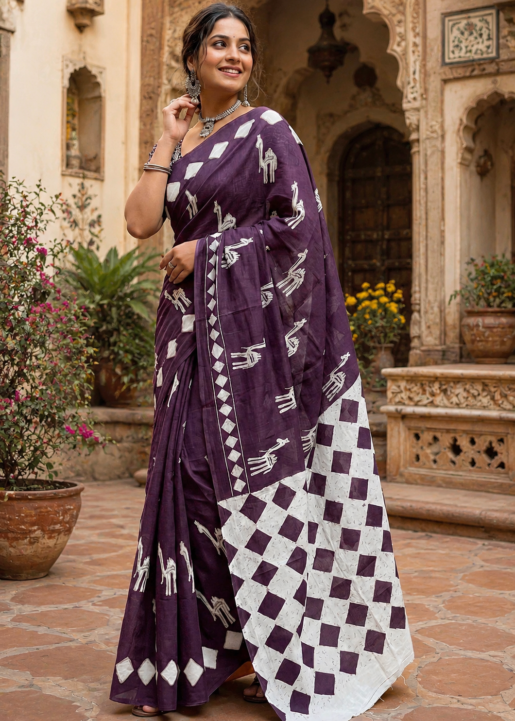 Soft Pure Cotton Printed Saree With Unstitched Blouse(Wine)