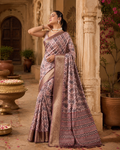 Litchi Silk Golden Zari Border Saree With Unstitched Blouse(Beige)