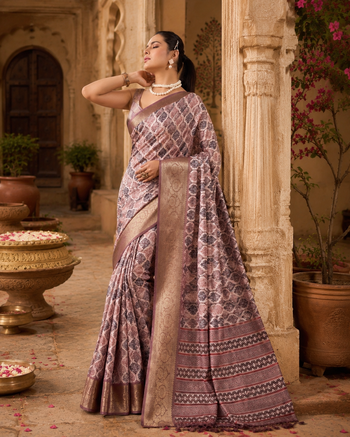 Litchi Silk Golden Zari Border Saree With Unstitched Blouse(Beige)