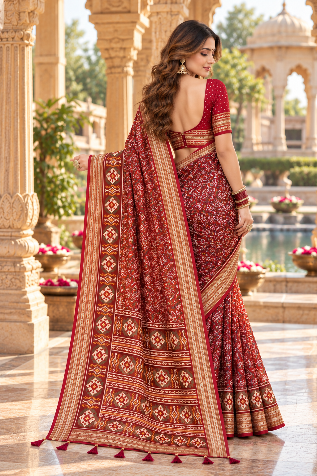 Pure Silk Patola Art Saree With Unstitched Blouse(Red)