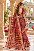 Pure Silk Patola Art Saree With Unstitched Blouse(Red)