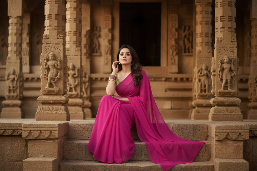Women's Georgette Plain Saree With Blouse (Wine, 5-6 Mtrs)