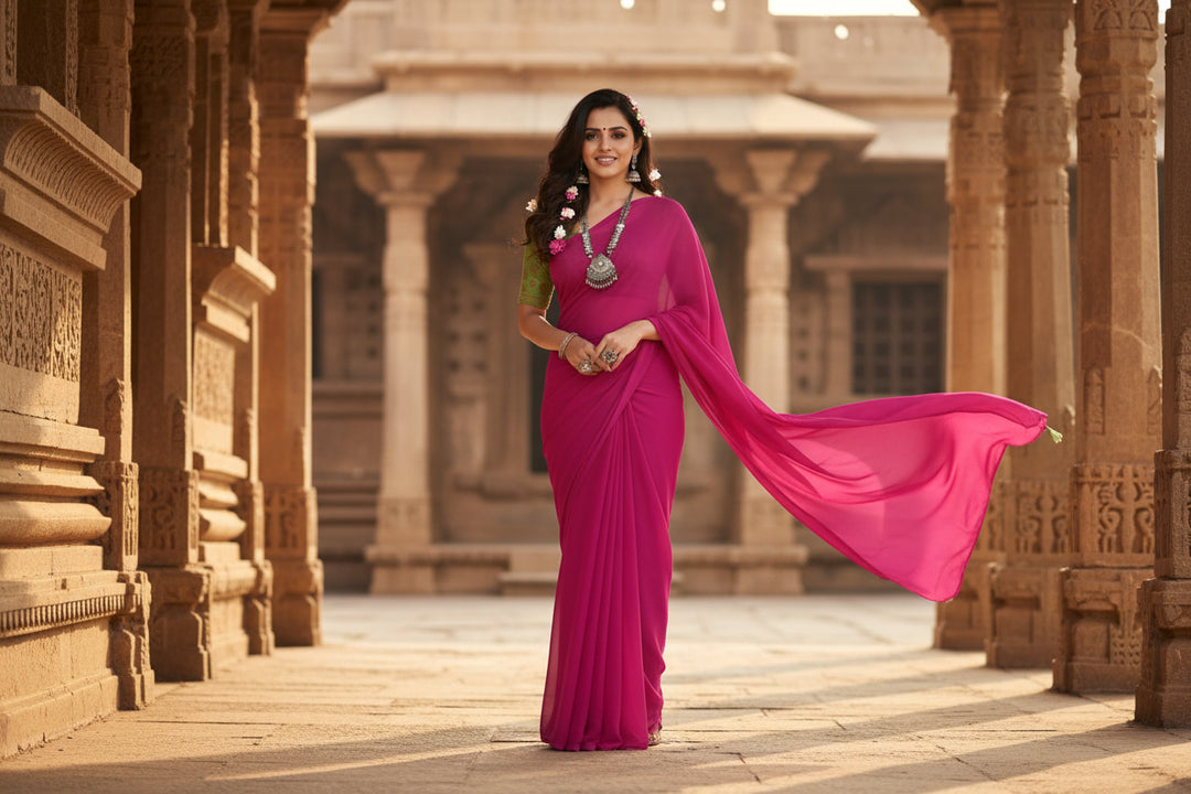 Women's Georgette Plain Saree With Blouse (Wine, 5-6 Mtrs) Kashvii