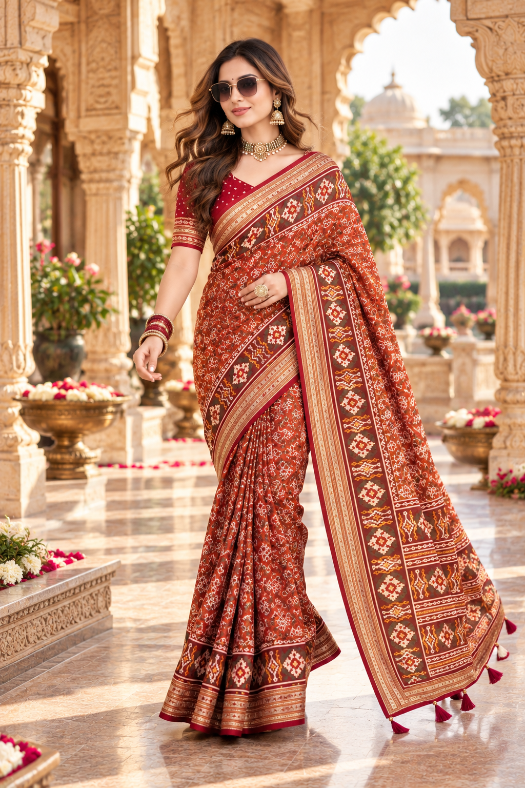 Pure Silk Patola Art Saree With Unstitched Blouse(Red)