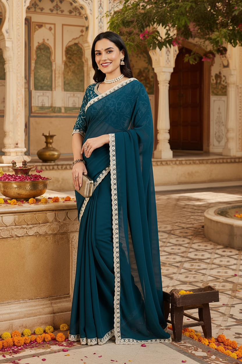 Georgette Embroidery Work Saree With Unstitched Blouse(Teal)