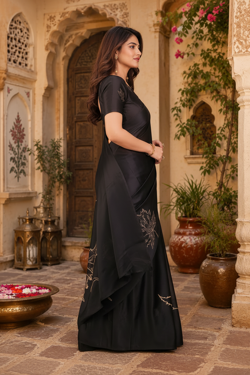 Satin Silk Printed Saree With Unstitched Blouse(Black)
