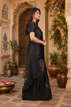 Satin Silk Printed Saree With Unstitched Blouse(Black)