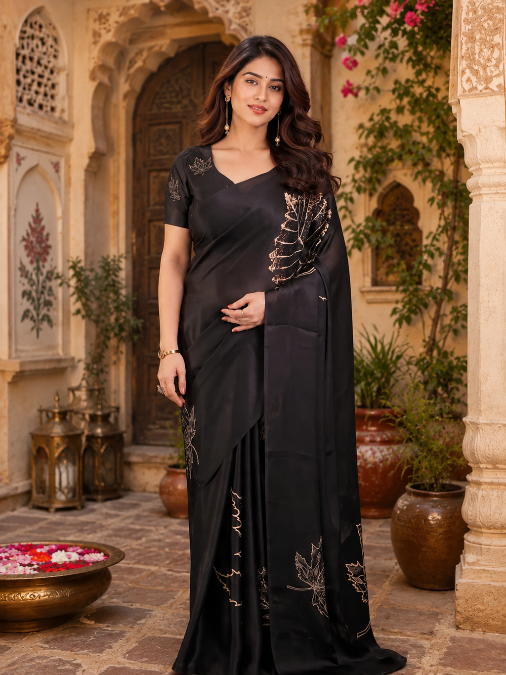 Satin Silk Printed Saree With Unstitched Blouse(Black)