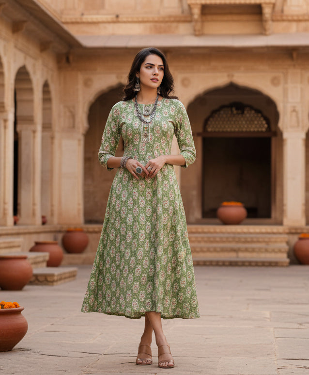 Rayon  Print With Embroidery Work A-Line Green Kurti Kashvii