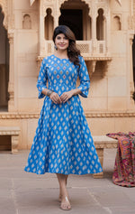 Load image into Gallery viewer, Rayon Print With Embroidery Work A-Line Sky Blue Kurti Kashvii
