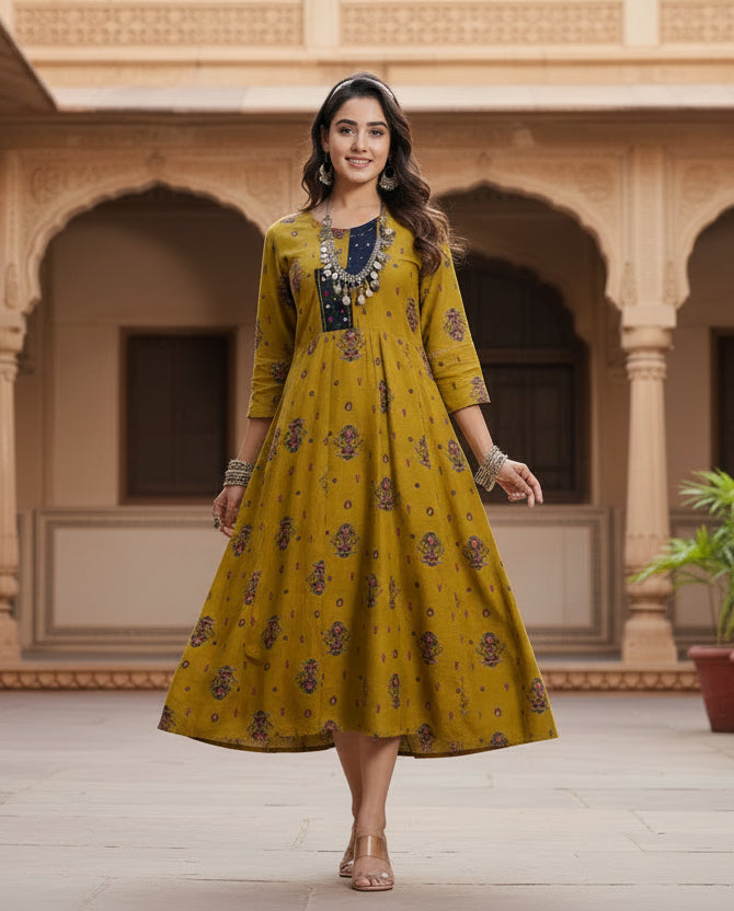 Rayon Print With Embroidery Work A-Line Mehendi Kurti Kashvii