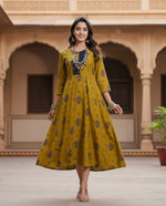 Load image into Gallery viewer, Rayon Print With Embroidery Work A-Line Mehendi Kurti Kashvii
