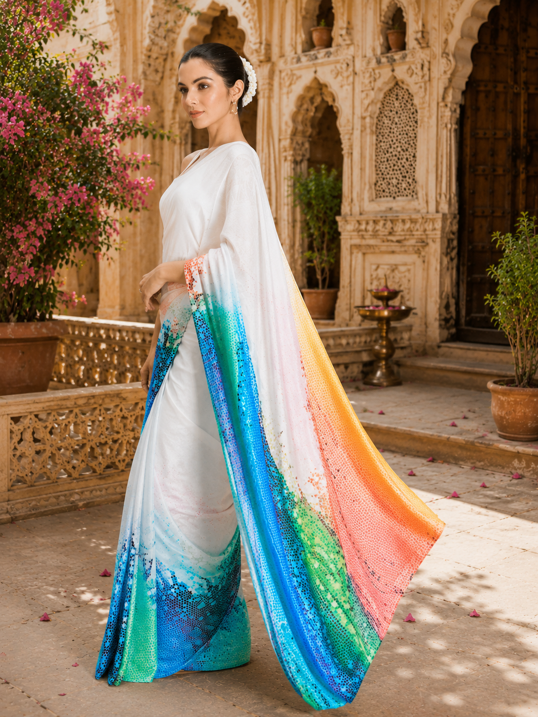 Original Japan Satin Printed Saree With unstitched Blouse(White)