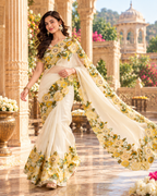 Organza Flower Design Multi Embroidery Work Sare Wth Unstitched Blouse(White)