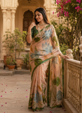 Cotton Floral Digital Print saree with Unstitched Blouse(Peach)