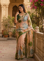 Cotton Floral Digital Print saree with Unstitched Blouse(Peach)