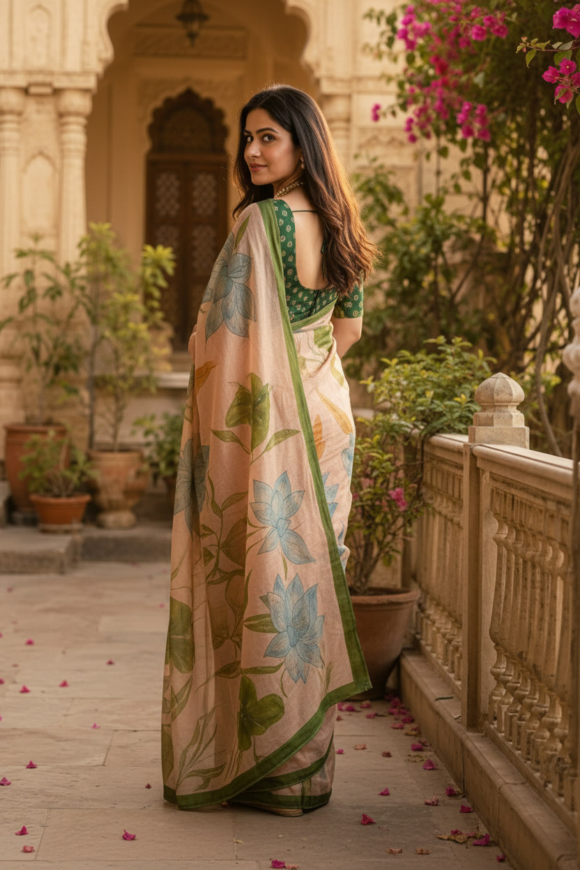 Cotton Floral Digital Print saree with Unstitched Blouse(Peach)