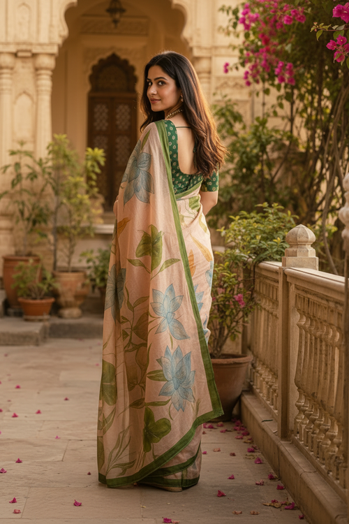 Cotton Floral Digital Print saree with Unstitched Blouse(Peach)