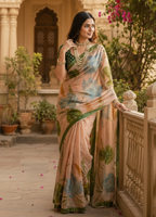 Cotton Floral Digital Print saree with Unstitched Blouse(Peach)