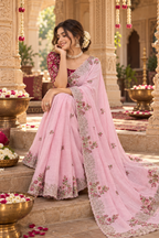 Dola Silk Embroidery Work Saree With Unstitched Blouse(Pink)