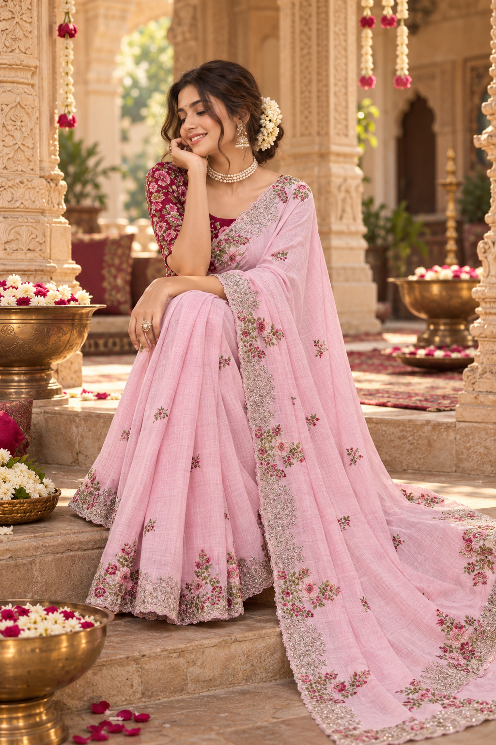 Dola Silk Embroidery Work Saree With Unstitched Blouse(Pink)