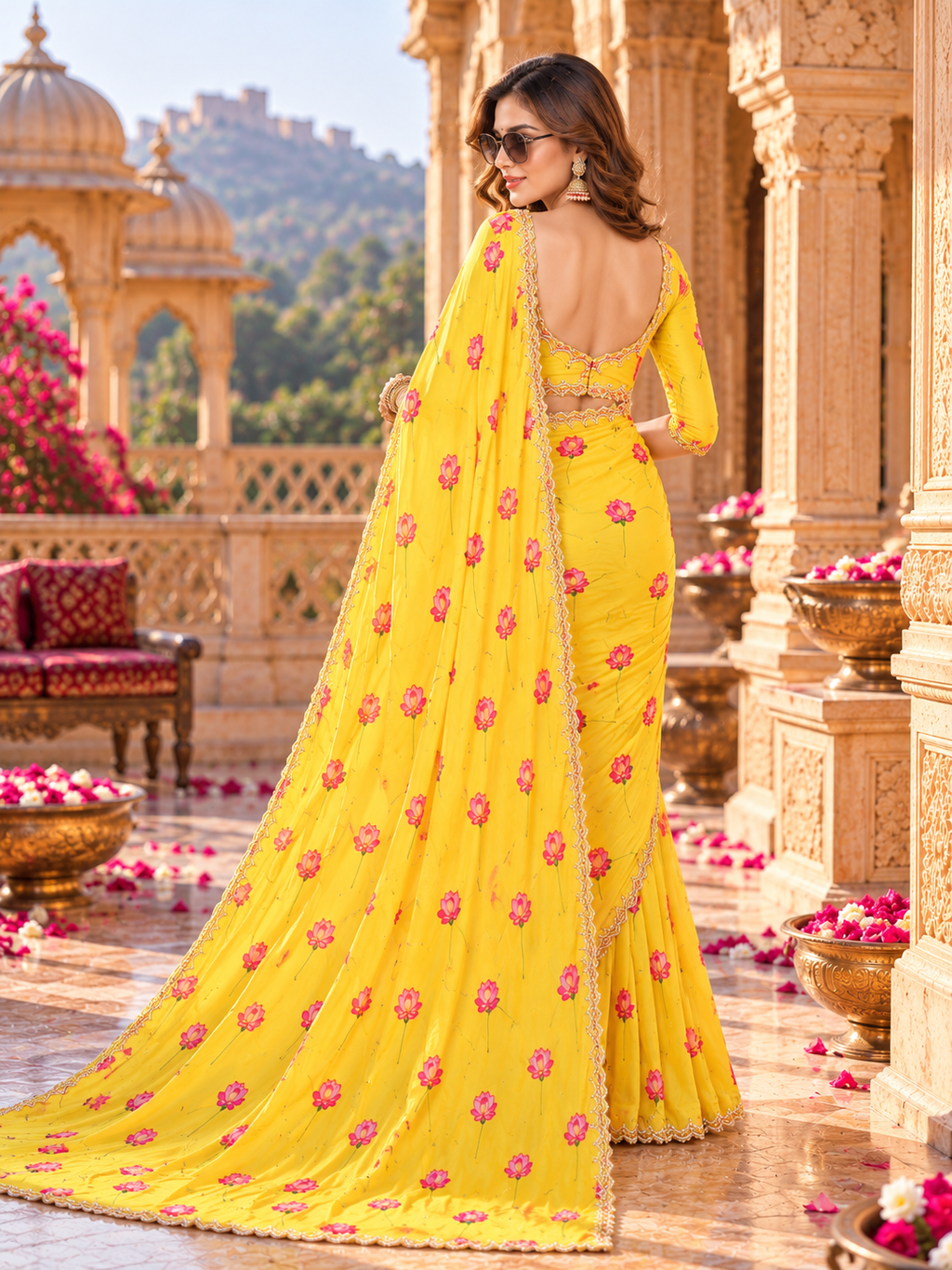 Premium Satin Silk Printed Saree With Unstitched Blouse(Yellow)