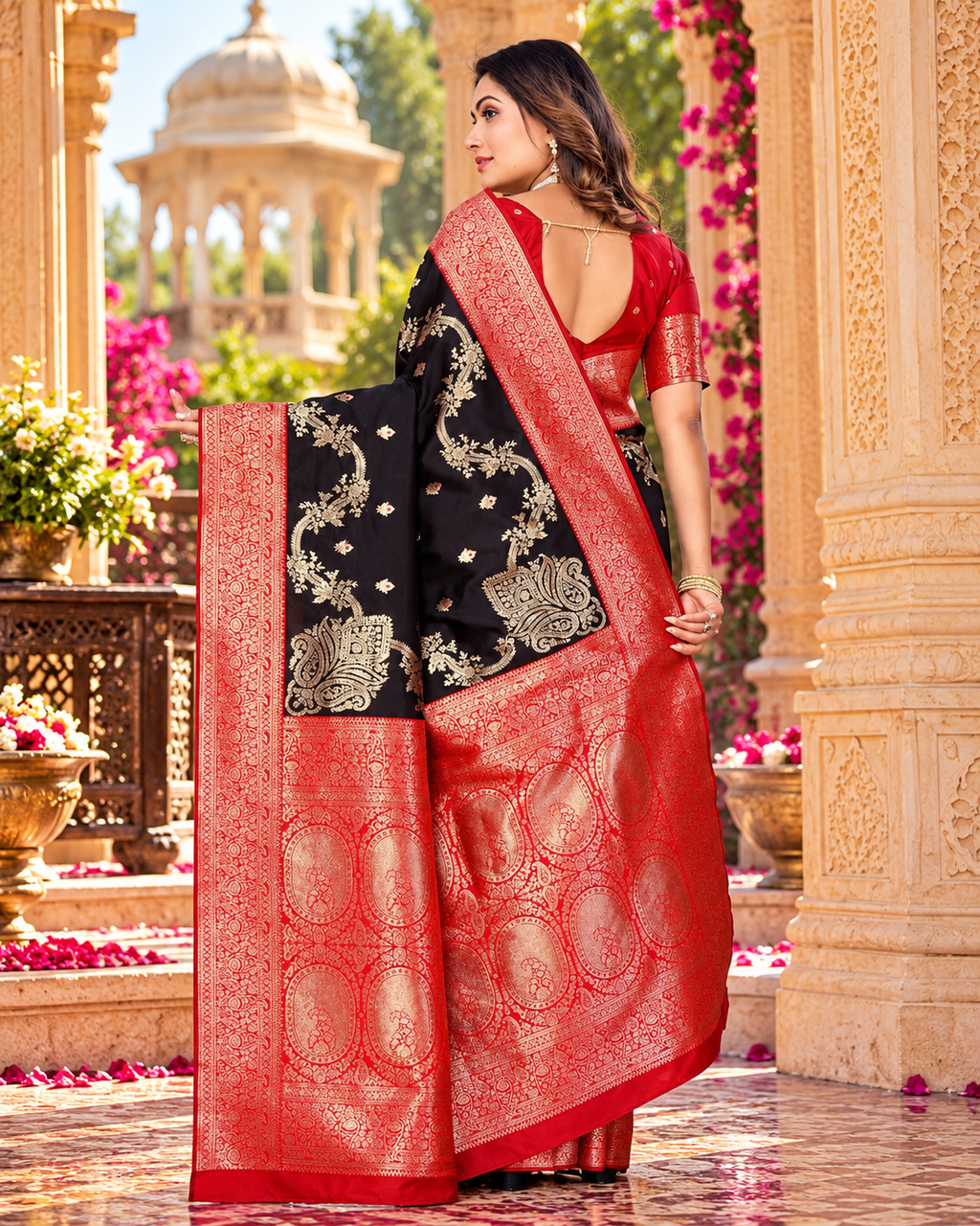 Banarasi Silk Zari Weaving Border Saree With Unstitched Blouse(Black)