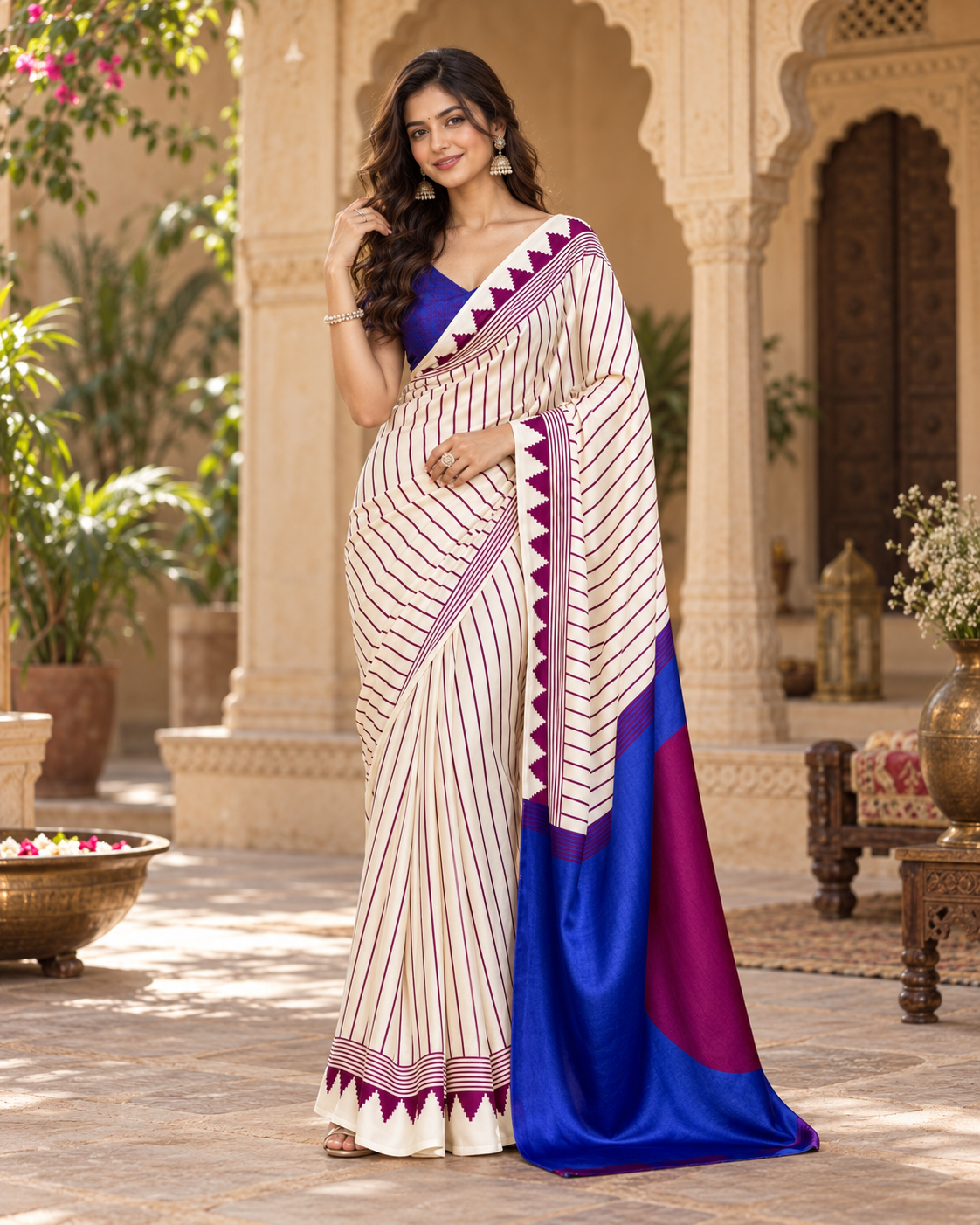 Satin Silk Ajrakh Printed Saree With Unstitched Blouse(White)