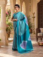 Satin Silk Ajrakh Printed Saree With Unstitched Blouse(Blue)